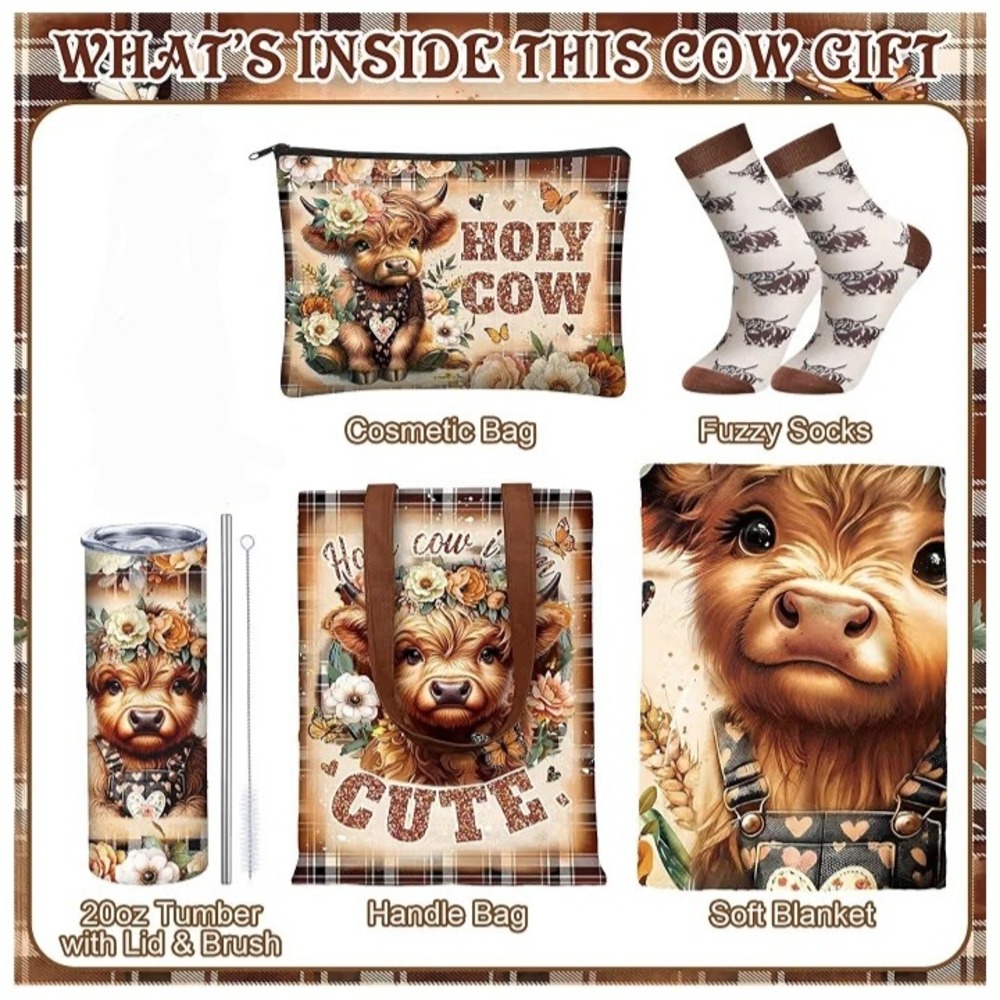 Highland Cow Gift Set 5pc Tumbler Blanket Tote Cosmetic Bag Socks Floral